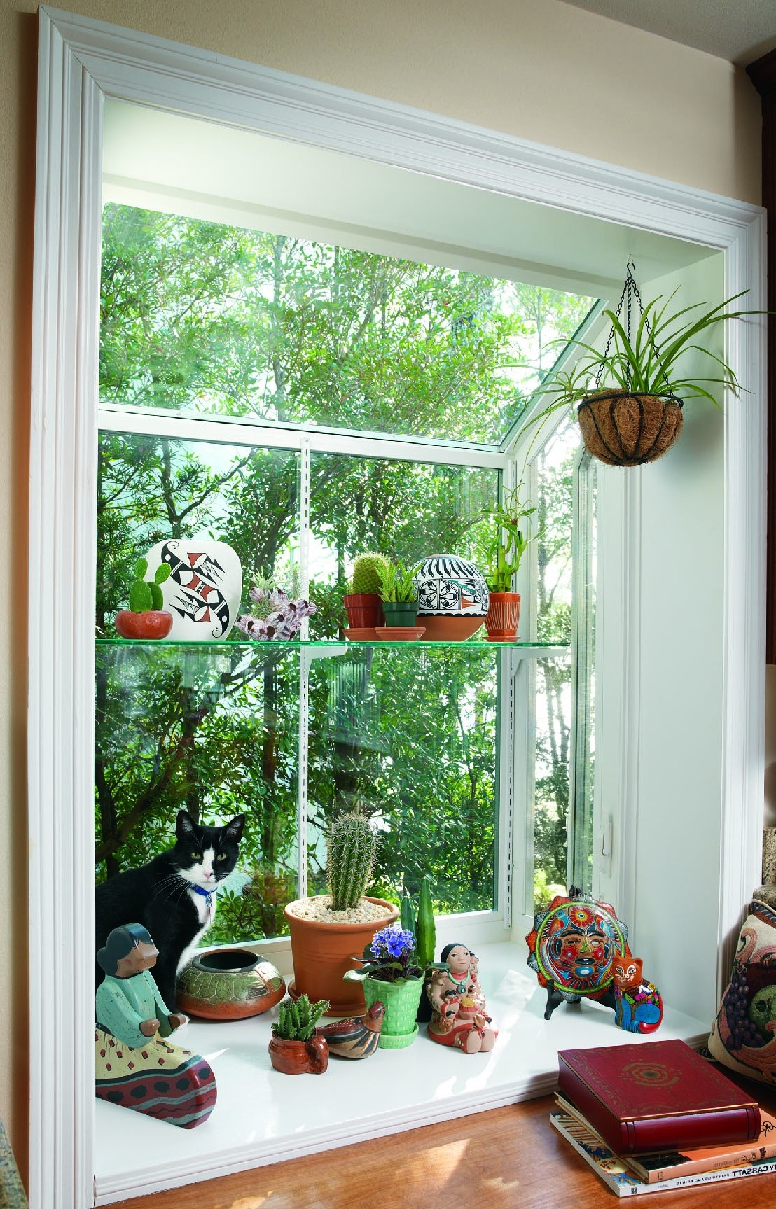 Black and white cat on sunny window sill with potted plants and folk art decor
