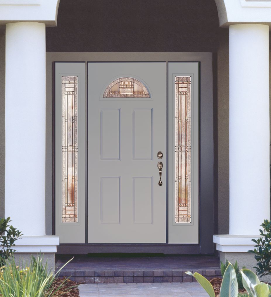 Modern residential front entrance with gray door, white columns, and decorative glass sidelights